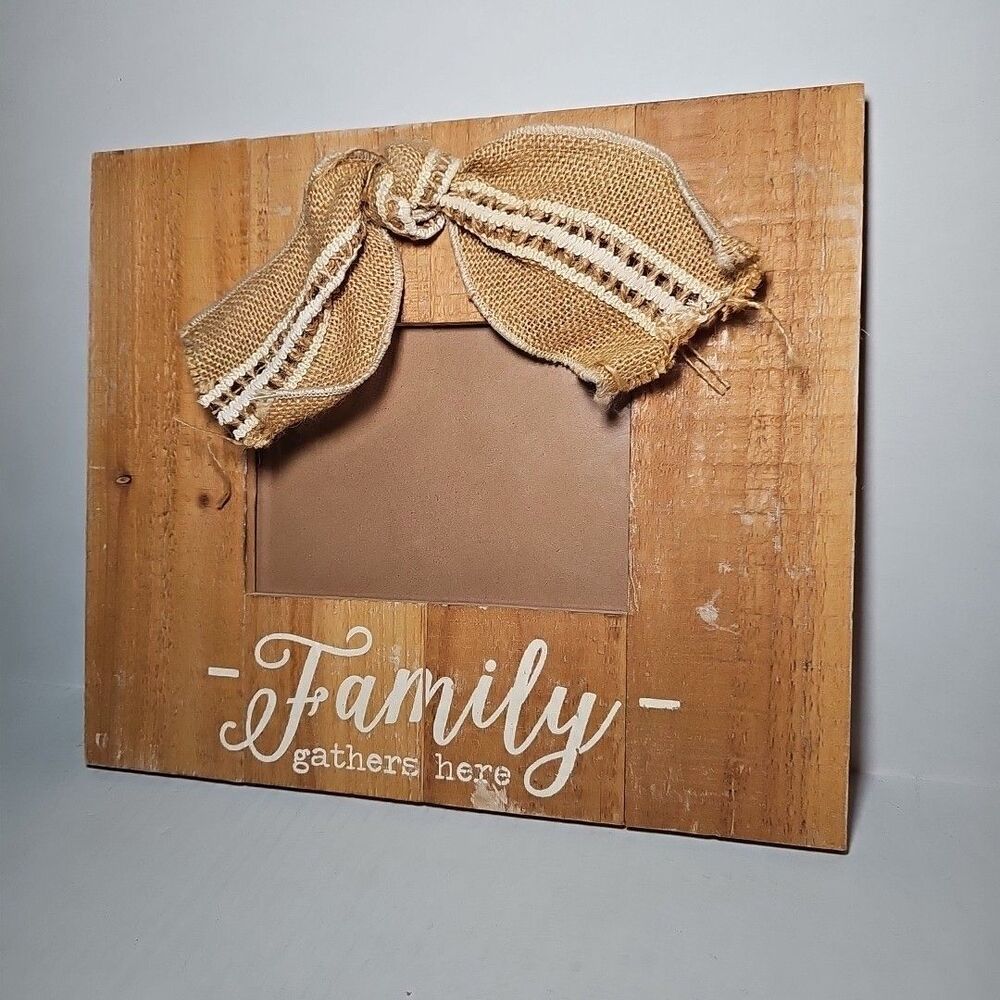 Mud Pie Wooden Family Gathers Here Picture Frame Burlap Bow 11x13